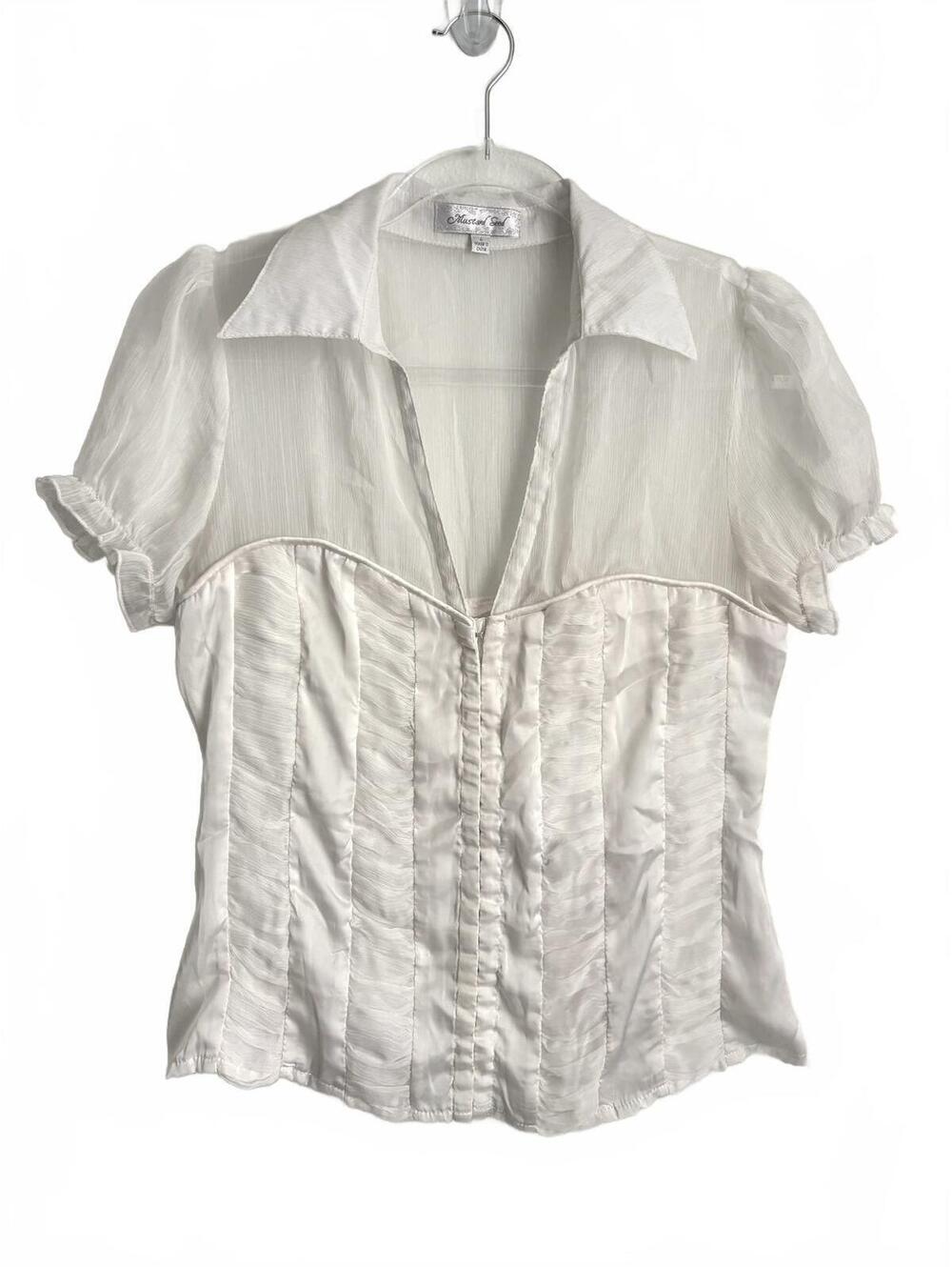 Mustard Seed | White Short Sleeve Button Up Collar Sheer Satin Crepe‎ Clasp Sz M